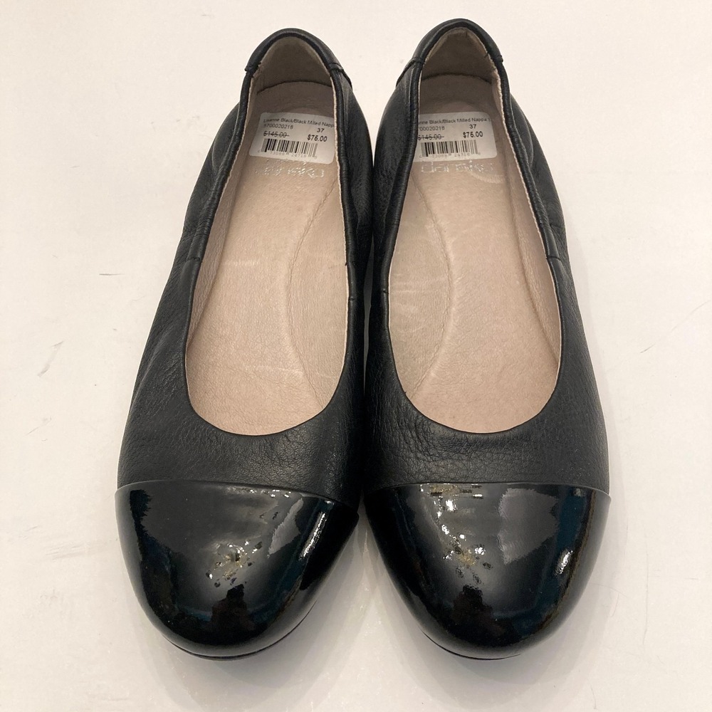 Dansko Black Leather Flats with Patent Toe